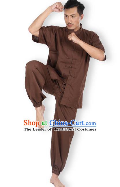 Top Grade Kung Fu Costume Martial Arts Coffee Linen Suits Pulian Zen Clothing, Training Costume Tai Ji Meditation Uniforms Gongfu Wushu Tai Chi Short Sleeve Clothing for Men