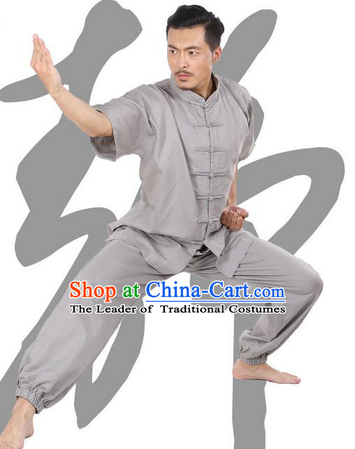 Top Grade Kung Fu Costume Martial Arts Light Grey Linen Suits Pulian Zen Clothing, Training Costume Tai Ji Meditation Uniforms Gongfu Wushu Tai Chi Short Sleeve Clothing for Men
