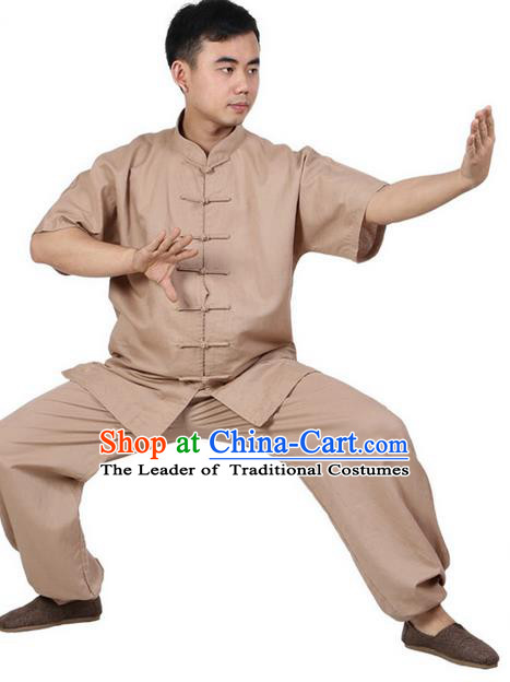 Top Grade Kung Fu Costume Martial Arts Khaki Linen Suits Pulian Zen Clothing, Training Costume Tai Ji Meditation Uniforms Gongfu Wushu Tai Chi Short Sleeve Clothing for Men