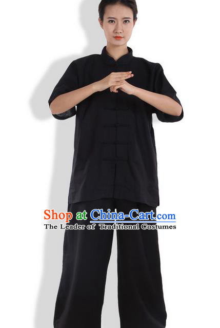 Top Grade Kung Fu Costume Martial Arts Black Linen Suits Pulian Zen Clothing, Training Costume Tai Ji Meditation Uniforms Gongfu Wushu Tai Chi Short Sleeve Clothing for Women