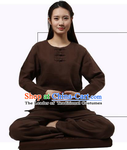 Top Grade Kung Fu Costume Martial Arts Coffee Linen Suits Pulian Clothing, Zen Costume Tai Ji Meditation Uniforms Wushu Tai Chi Long Sleeve Clothing for Women
