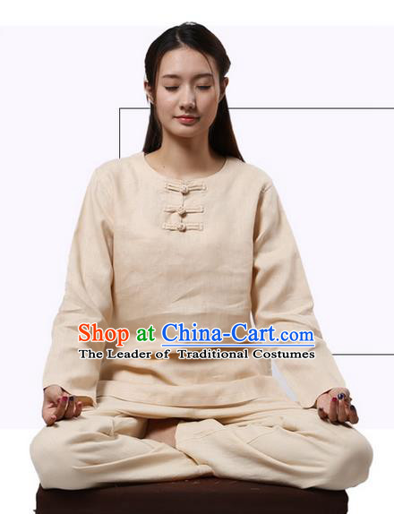 Top Grade Kung Fu Costume Martial Arts Beige Linen Suits Pulian Clothing, Zen Costume Tai Ji Meditation Uniforms Wushu Tai Chi Long Sleeve Clothing for Women