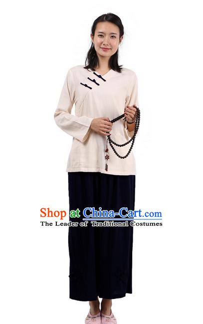 Top Grade Kung Fu Costume Martial Arts Beige Linen Suits Pulian Clothing, Zen Costume Tai Ji Meditation Uniforms Wushu Tai Chi Clothing for Women