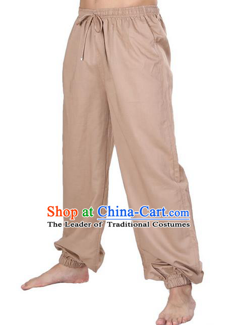 Top Grade Kung Fu Costume Martial Arts Khaki Linen Pants Pulian Zen Clothing, Training Bloomers Gongfu Meditation Trousers Shaolin Wushu Tai Chi Plus Fours for Men