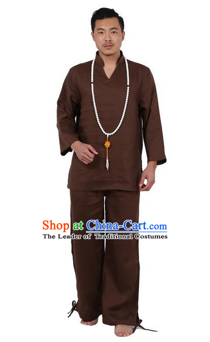 Traditional Chinese Kung Fu Costume Martial Arts Coffee Linen Training Suits Pulian Clothing, Tai Ji Meditation Uniforms Gongfu Wushu Tai Chi Clothing for Men