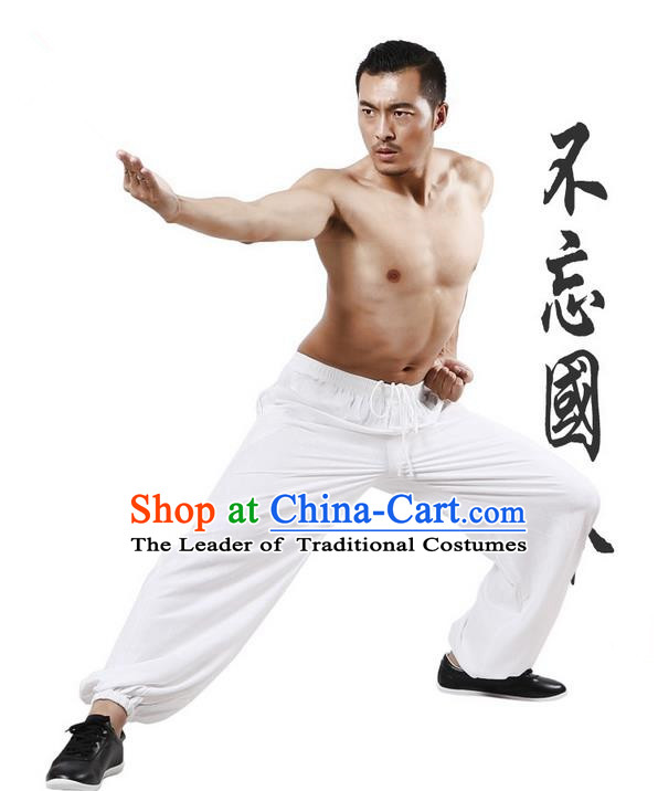 Top Grade Kung Fu Costume Martial Arts White Linen Pants Pulian Training Bloomers, Gongfu Trousers Shaolin Wushu Tai Chi Plus Fours for Men