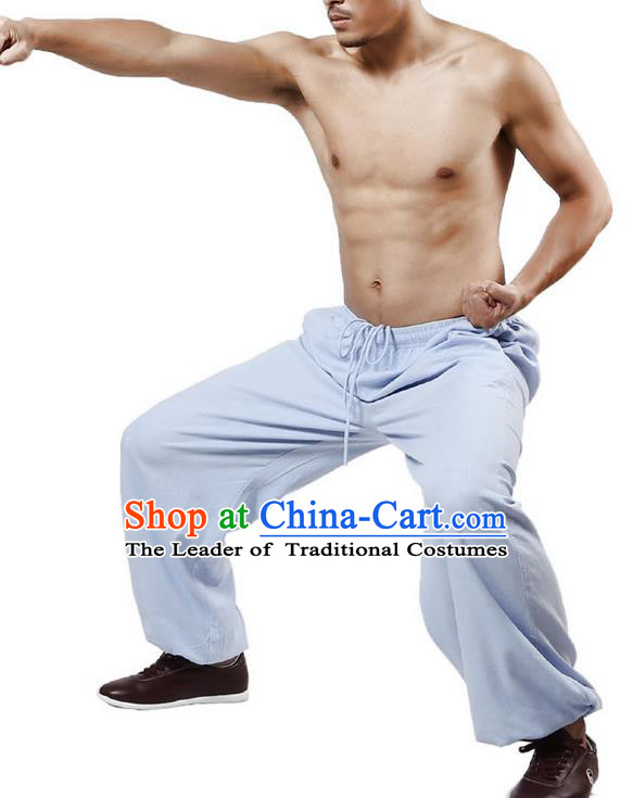 Top Grade Kung Fu Costume Martial Arts Blue Linen Pants Pulian Training Bloomers, Gongfu Trousers Shaolin Wushu Tai Chi Plus Fours for Men