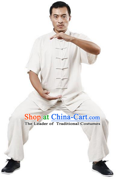 Traditional Chinese Kung Fu Costume Martial Arts Linen White Suits Pulian Meditation Clothing, Tang Suit Plated Buttons Uniforms Tai Chi Clothing for Women for Men