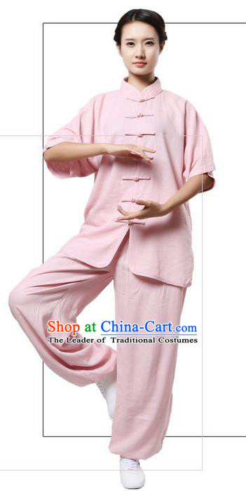 Traditional Chinese Kung Fu Costume Martial Arts Linen Pink Suits Pulian Meditation Clothing, Tang Suit Plated Buttons Uniforms Tai Chi Clothing for Women