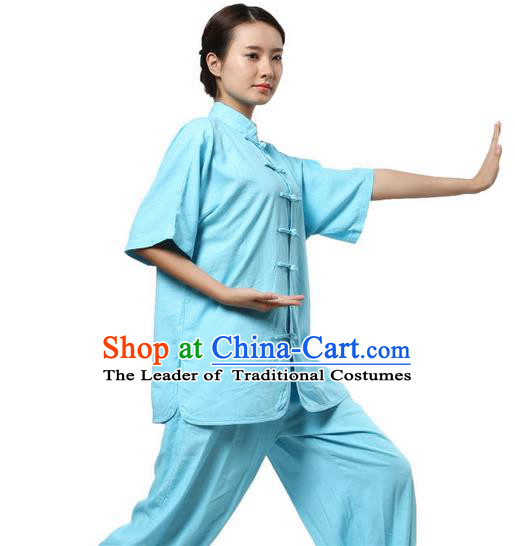 Traditional Chinese Kung Fu Costume Martial Arts Linen Blue Suits Pulian Meditation Clothing, Tang Suit Plated Buttons Uniforms Tai Chi Clothing for Women