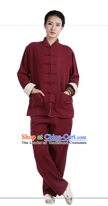 Traditional Chinese Kung Fu Costume Martial Arts Wine Red Ramine Suits Pulian Meditation Clothing, Tai Ji Uniforms Wushu Tai Chi Zen Clothing for Women for Men