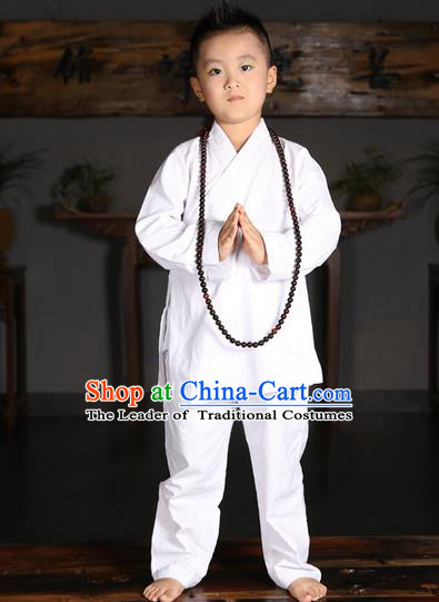 Traditional Chinese Kung Fu Costume Martial Arts Litter Monk Suits Pulian Meditation Clothing, Children Tang Suit Uniforms Tai Chi White Clothing for Kids