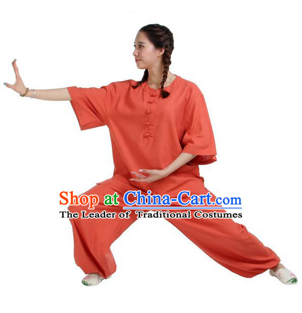 Traditional Chinese Kung Fu Costume Martial Arts Linen Suits Pulian Meditation Clothing, China Tang Suit Uniforms Tai Chi Orange Clothing for Women
