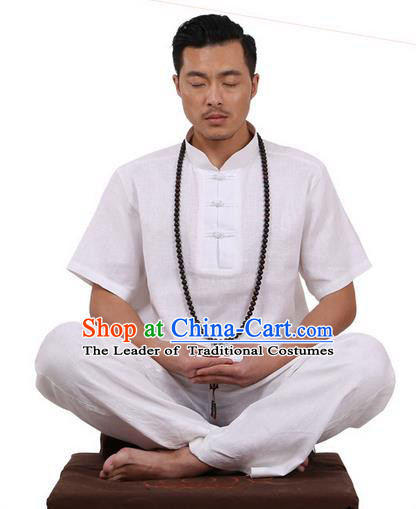 Traditional Chinese Kung Fu Costume Martial Arts Linen Plated Buttons White Suits Pulian Meditation Clothing, China Tang Suit Uniforms Tai Chi Clothing for Men