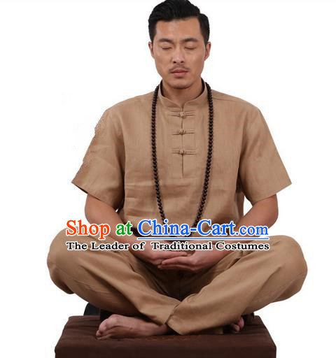 Traditional Chinese Kung Fu Costume Martial Arts Linen Plated Buttons Khaki Suits Pulian Meditation Clothing, China Tang Suit Uniforms Tai Chi Clothing for Men