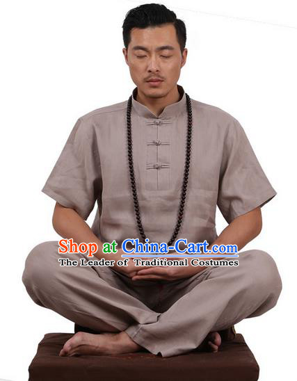 Traditional Chinese Kung Fu Costume Martial Arts Linen Plated Buttons Grey Suits Pulian Meditation Clothing, China Tang Suit Uniforms Tai Chi Clothing for Men