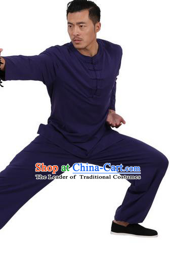 Traditional Chinese Kung Fu Costume Martial Arts Linen Plated Buttons Navy Suits Pulian Meditation Clothing, China Tang Suit Uniforms Tai Chi Clothing for Men