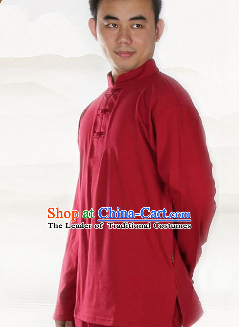 Traditional Chinese Kung Fu Costume Martial Arts Linen Plated Buttons Red Shirt Pulian Meditation Clothing, China Tang Suit T-Shirts Tai Chi Clothing for Men