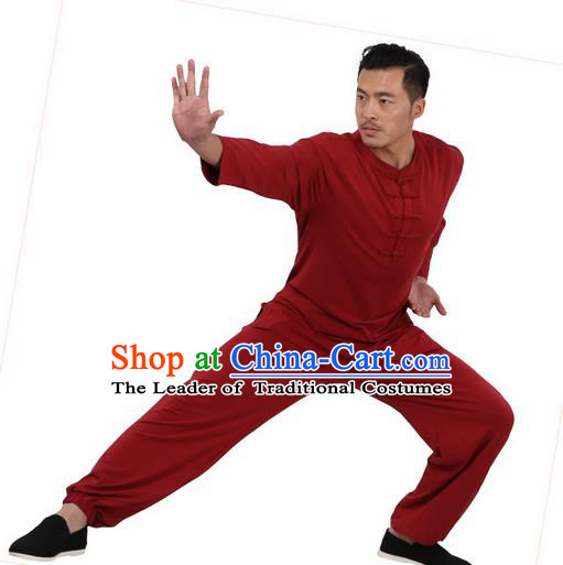 Traditional Chinese Kung Fu Costume Martial Arts Linen Plated Buttons Red Suits Pulian Meditation Clothing, China Tang Suit Uniforms Tai Chi Clothing for Men