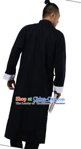 Traditional Chinese Kung Fu Costume Martial Arts Linen Plated Buttons Black Long Robe Pulian Clothing, China Tang Suit Long Flown Tai Chi Clothing for Men