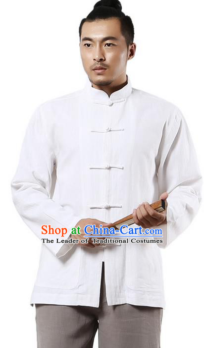 Traditional Chinese Kung Fu Costume Martial Arts Linen Plated Buttons White Overshirt Pulian Clothing, China Tang Suit Shirt Tai Chi Clothing for Men