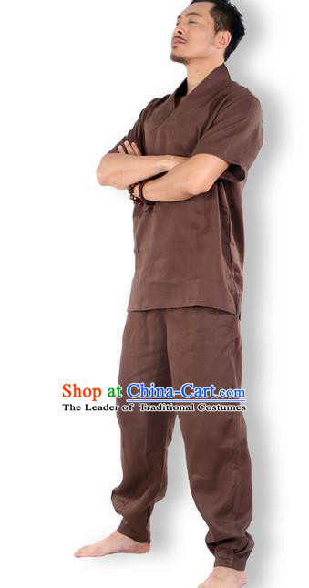 Traditional Chinese Kung Fu Costume Martial Arts Linen Coffee Suits Pulian Clothing, China Tang Suit Uniforms Tai Chi Meditation Clothing for Men