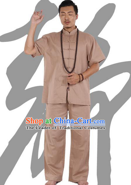 Traditional Chinese Kung Fu Costume Martial Arts Ice Silk Linen Short Sleeve Khaki Suits Pulian Clothing, China Tang Suit Uniforms Tai Chi Meditation Clothing for Men