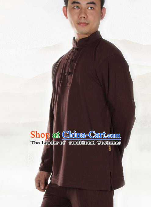 Traditional Chinese Kung Fu Costume Martial Arts Linen Plated Buttons Coffee Shirt Pulian Meditation Clothing, China Tang Suit T-Shirts Tai Chi Clothing for Men