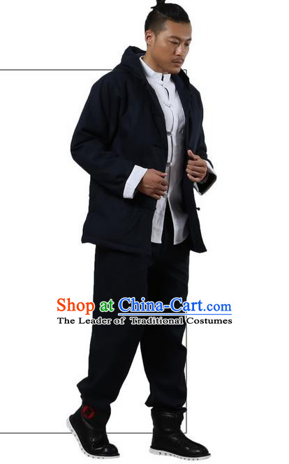 Traditional Chinese Kung Fu Costume Martial Arts Linen Hooded Coat Pulian Clothing, China Tang Suit Jackets Tai Chi Meditation Navy Overcoat Clothing for Men