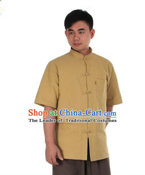 Traditional Chinese Kung Fu Costume Martial Arts Linen Short Sleeve Shirts Pulian Clothing, China Tang Suit T-Shirt Tai Chi Meditation Khaki Overshirt for Men