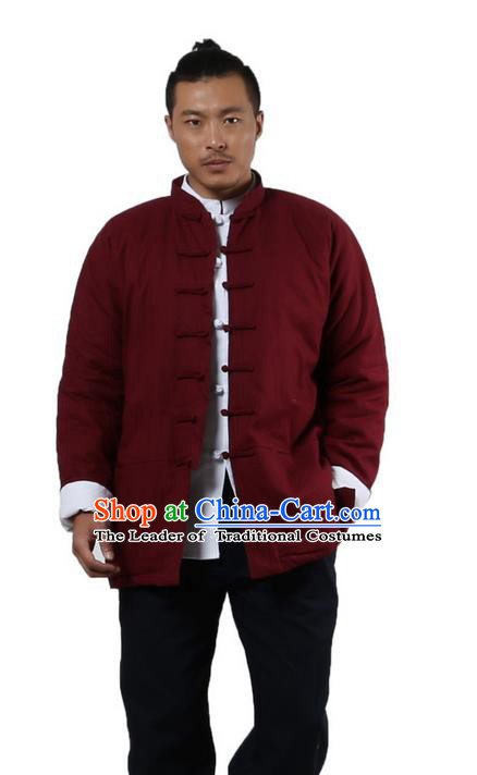 Traditional Chinese Kung Fu Costume Martial Arts Linen Plated Buttons Coat Pulian Clothing, China Tang Suit Jackets Tai Chi Meditation Red Overcoat Clothing for Men