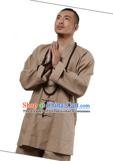Traditional Chinese Kung Fu Costume Martial Arts Linen Plated Buttons Khaki Suits Pulian Clothing, China Tang Suit Uniforms Tai Chi Monk Meditation Clothing for Men