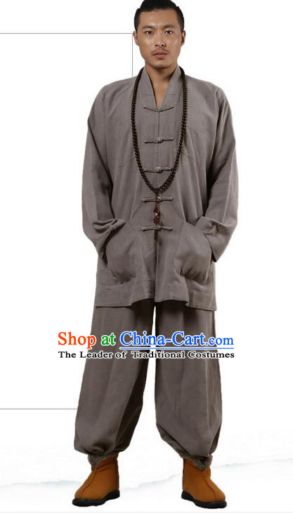 Traditional Chinese Kung Fu Costume Martial Arts Ramie Long Sleeve Grey Plated Buttons Uniforms Pulian Clothing, China Tang Suit Tai Chi Meditation Clothing for Men