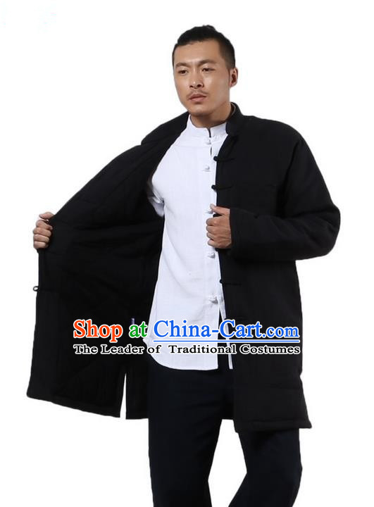Traditional Chinese Kung Fu Costume Martial Arts Linen Plated Buttons Cotton-padded Coats Pulian Clothing, China Tang Suit Dark Blue Jacket Tai Chi Meditation Upper Outer Garment for Men