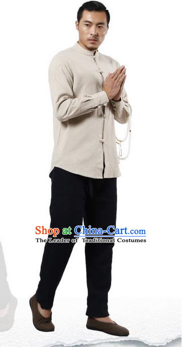 Traditional Chinese Kung Fu Costume Martial Arts Linen Plated Buttons Shirts Pulian Clothing, China Tang Suit Tai Chi Stand Collar Overshirt Beige Upper Outer Garment for Men