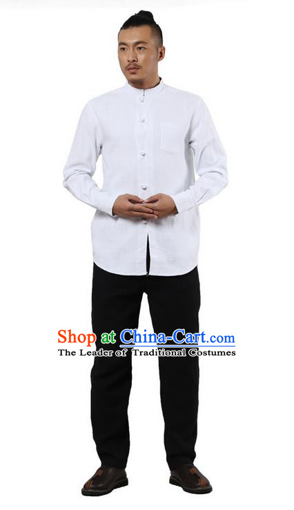 Traditional Chinese Kung Fu Costume Martial Arts Linen Plated Buttons Shirts Pulian Clothing, China Tang Suit Tai Chi Stand Collar Overshirt White Upper Outer Garment for Men