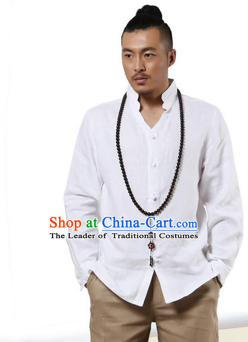 Traditional Chinese Kung Fu Costume Martial Arts Linen Stand Collar Shirts Pulian Clothing, China Tang Suit Tai Chi Overshirt White Upper Outer Garment for Men