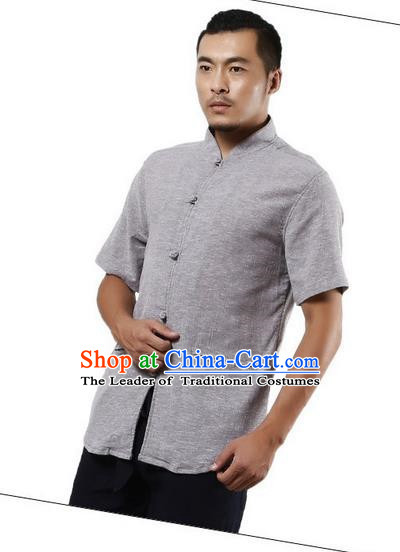 Traditional Chinese Kung Fu Costume Martial Arts Linen Short Sleeve Shirts Pulian Clothing, China Tang Suit Tai Chi Plated Buttons Overshirt Grey Upper Outer Garment for Men
