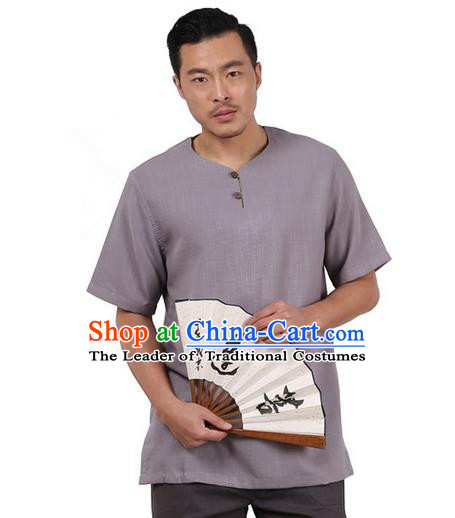 Traditional Chinese Kung Fu Costume Martial Arts Linen Short Sleeve T-Shirts Pulian Clothing, China Tang Suit Tai Chi Overshirt Grey Upper Outer Garment for Men