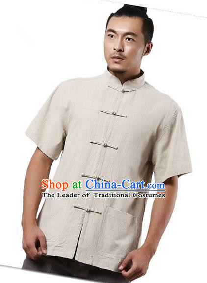 Traditional Chinese Kung Fu Costume Martial Arts Linen Short Sleeve Shirts Pulian Clothing, China Tang Suit Tai Chi Upper Outer Garment Beige Overshirt for Men