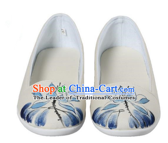 Top Chinese Traditional Tai Chi Hand Painting Lotus Linen Shoes Kung Fu Pulian Shoes Martial Arts Beige Shoes for Women