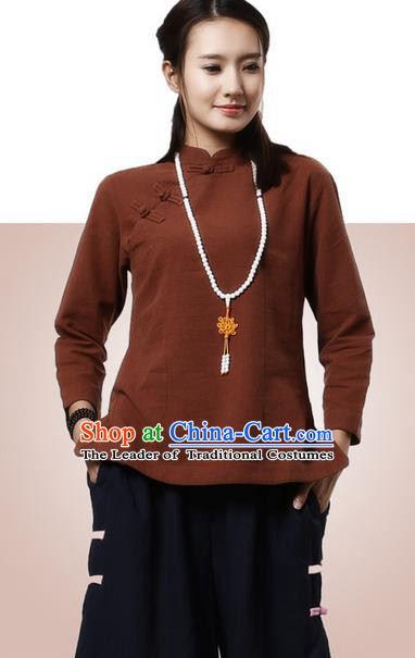 Top Chinese Traditional Costume Tang Suit Coffee Blouse, Pulian Clothing China Cheongsam Upper Outer Garment Plated Buttons Shirts for Women