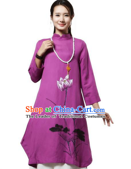 Top Chinese Traditional Costume Tang Suit Purple Painting Lotus Qipao Dress, Pulian Clothing China Cheongsam Upper Outer Garment Stand Collar Dress for Women