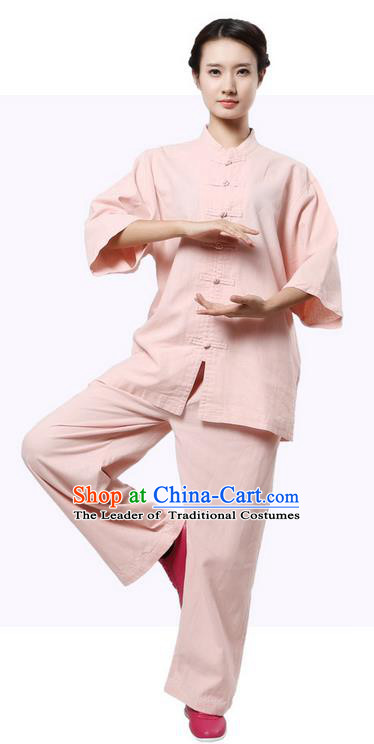 Top Grade Kung Fu Costume Martial Arts Pink Suits Pulian Zen Clothing, Training Costume Tai Ji Uniforms Gongfu Shaolin Wushu Tai Chi Plated Buttons Clothing for Women