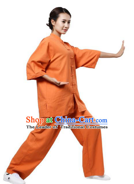 Top Grade Kung Fu Costume Martial Arts Orange Suits Pulian Zen Clothing, Training Costume Tai Ji Uniforms Gongfu Shaolin Wushu Tai Chi Plated Buttons Clothing for Women