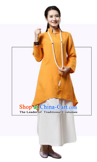 Top Chinese Traditional Costume Tang Suit Linen Qipao Dress, Pulian Clothing China Republic of China Cheongsam Upper Outer Garment Yellow Dress for Women