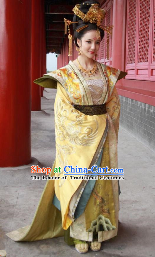Traditional Chinese Ancient Senior Concubine Costume and Headpiece Complete Set, Chinese Tang Dynasty Palace Imperial Empress Embroidered Hanfu Tailing Clothing for Women