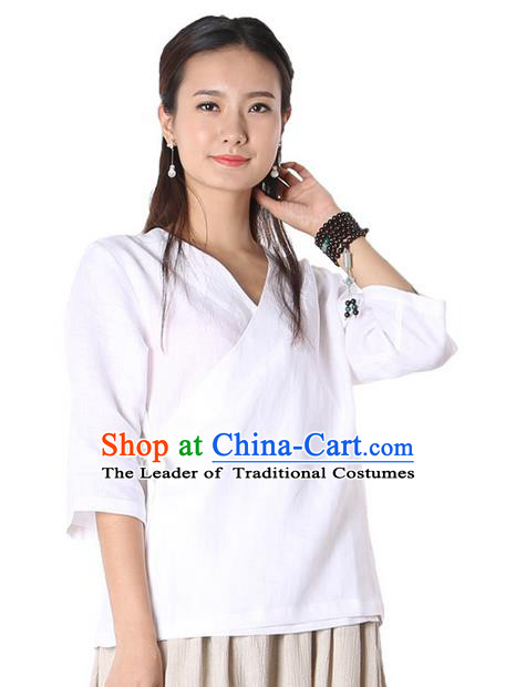 Top Chinese Traditional Costume Tang Suit White Blouse, Pulian Zen Clothing China Cheongsam Upper Outer Garment Slant Opening Shirts for Women