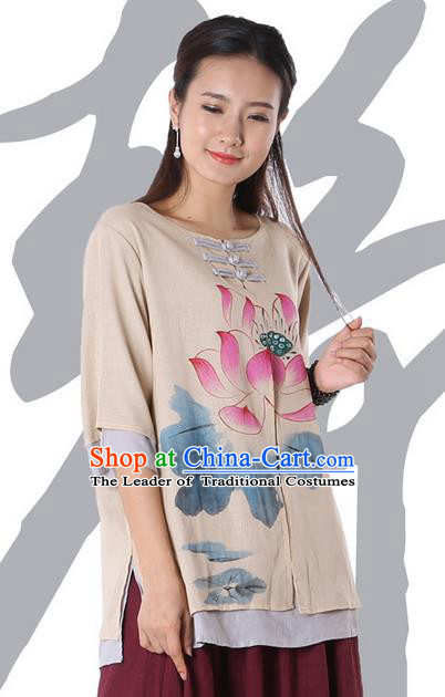 Top Chinese Traditional Costume Tang Suit Double-deck Khaki Painting Lotus Blouse, Pulian Zen Clothing China Cheongsam Upper Outer Garment Plated Buttons Shirts for Women