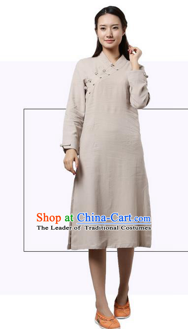 Top Chinese Traditional Costume Tang Suit Slant Opening Plated Buttons Qipao Dress, Pulian Clothing Republic of China Cheongsam Beige Dress for Women